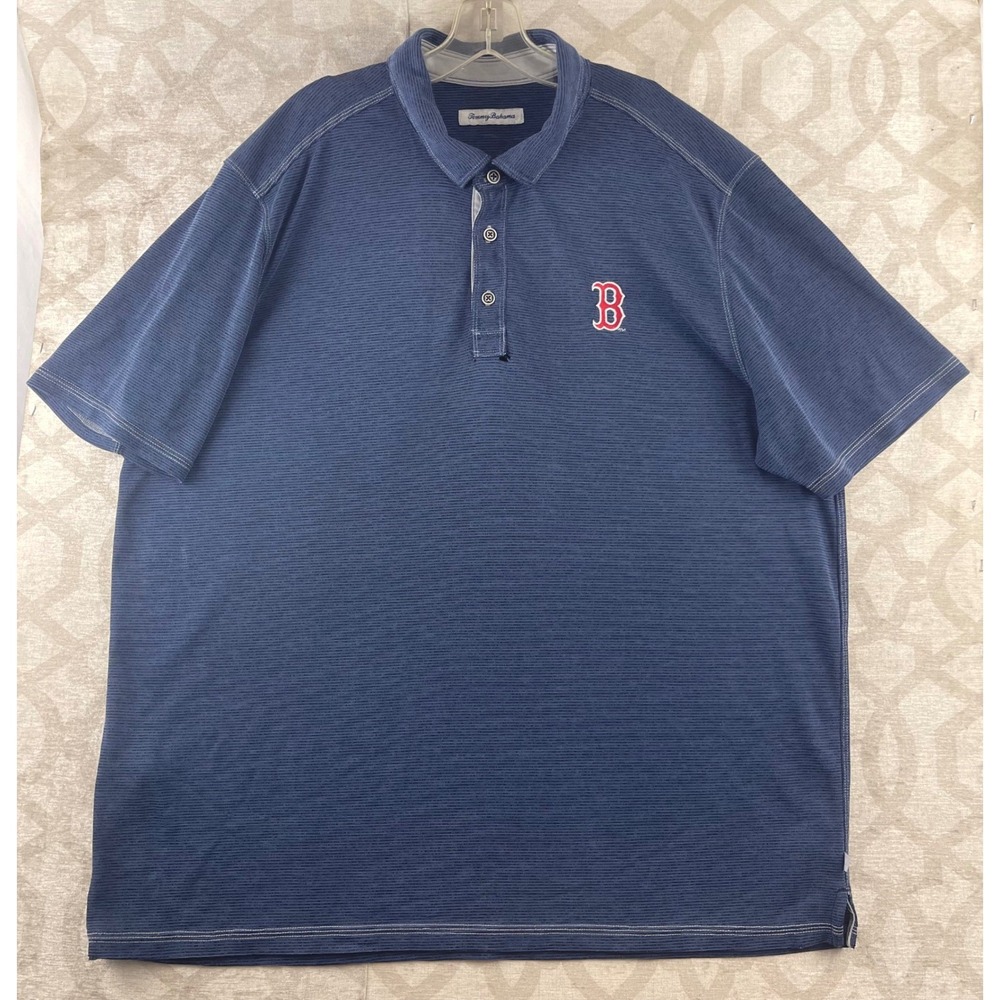Tommy Bahama Mens XXL Boston Red Sox Blue Striped Tencel Modal Polo Shirt *Read